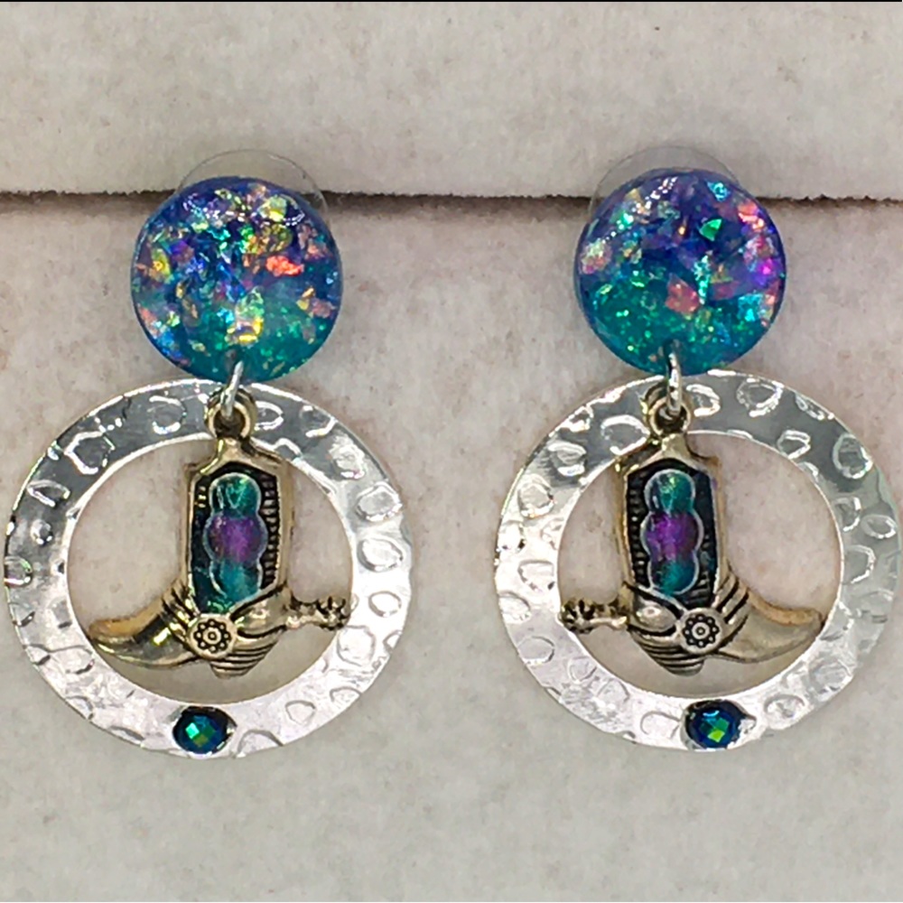 Earrings with western boots multi color and silver tones.